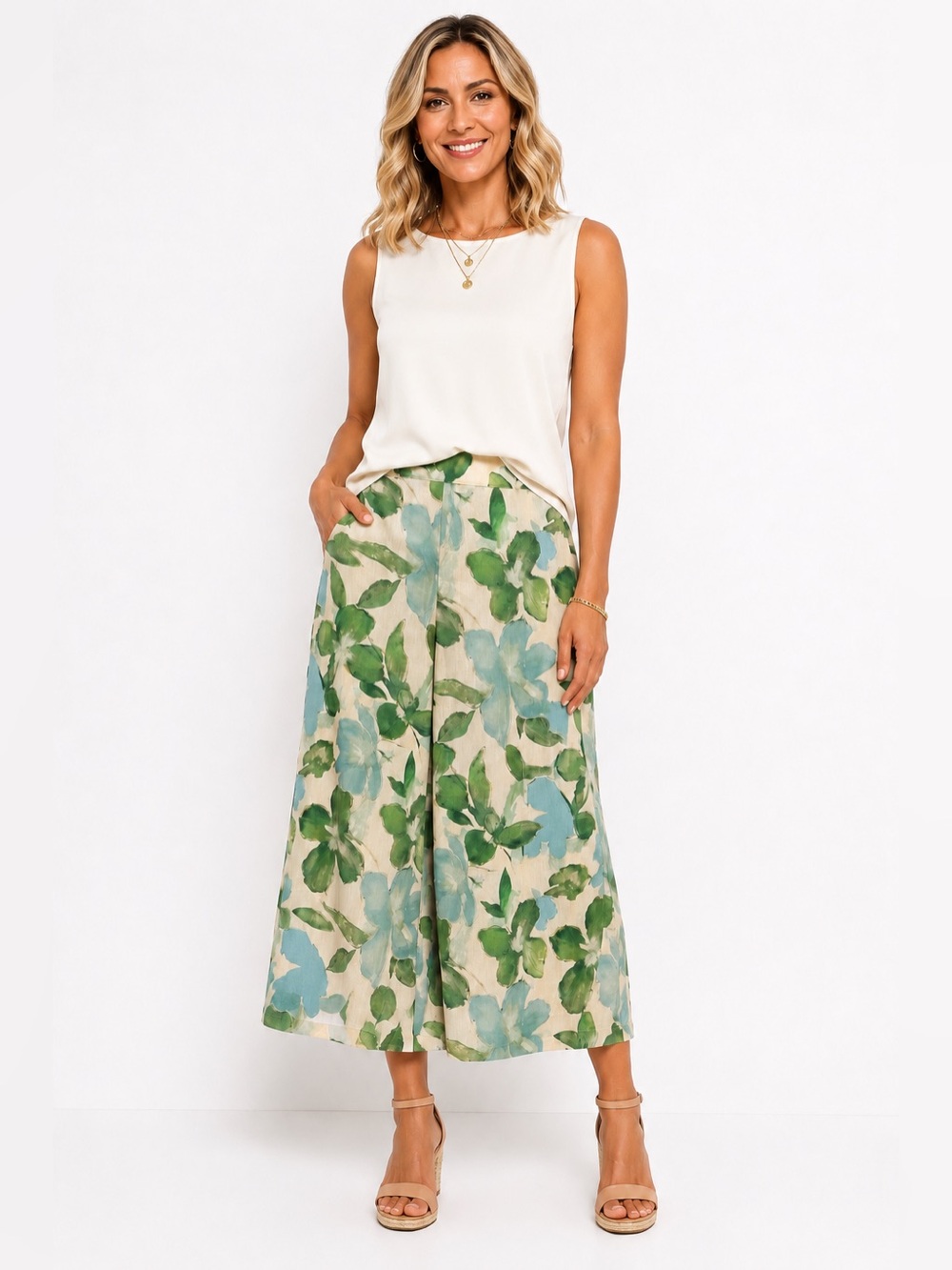 ADRIANNA PAPELL Floral Wide Leg Cropped Palazzo Pants Green Blue NWT Medium